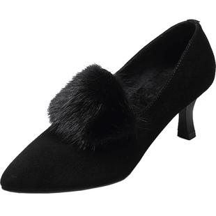 2025新款水貂毛磨砂细跟小跟单鞋高跟鞋秋冬季加绒女鞋中跟真皮鞋