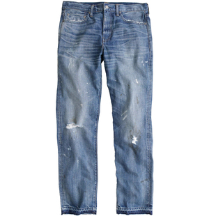 J.Crew纯棉水洗做旧喷漆破洞770修身直筒收裤脚窄脚牛仔裤男JCREW