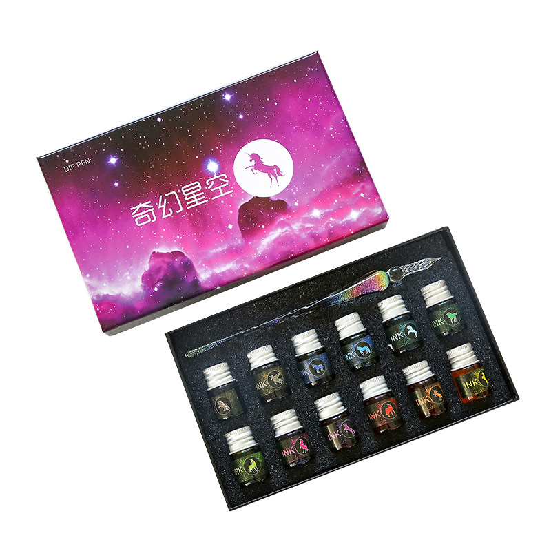 十二星座金粉墨水玻璃笔星空钢笔蘸水笔非碳素彩墨12瓶礼盒套装