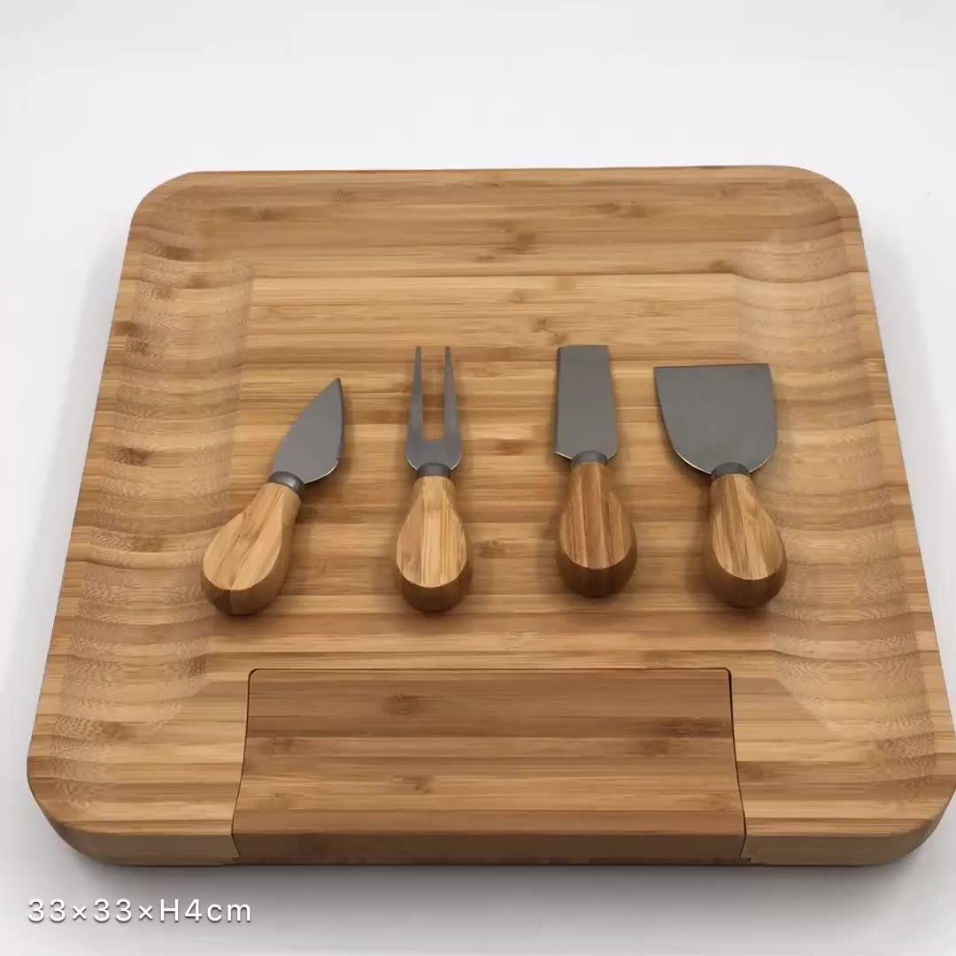 Natural Kitchen Bamboo Cheese Cutting Board With Drawer And 4 Utensils