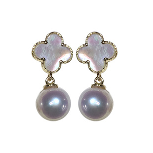 阿*屋 日本海水珍珠耳钉akoya18k金极强光 18K金珍珠四叶草耳环