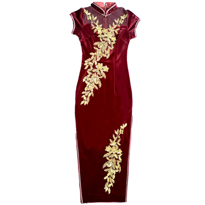 长款弹力丝绒旗袍礼服