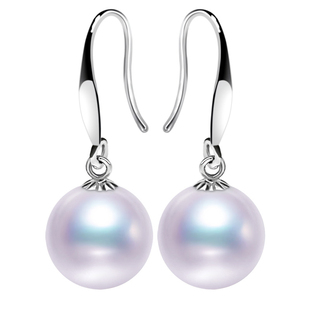 源生珠宝简易日本akoya海水珍珠耳环18K金白透粉耳钩厚托耳坠长款
