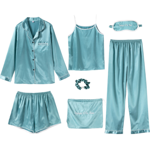 睡衣女春秋冬薄款冰丝七件套装秋冬吊带性感仿真丝绸夏季家居服7