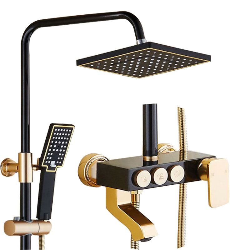 新款高档黑金四档太空铝可增压升降淋浴花洒套装带喷枪仿古水龙头