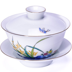 陶瓷功夫茶具家用白玉瓷三才盖碗茶杯单个描金斗彩兰花蝶普洱泡茶