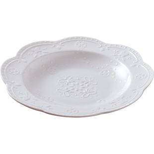 创意餐具纯白色家用浮雕菜盘子骨瓷圆形深盘蒸菜汤盘陶瓷碟子餐盘