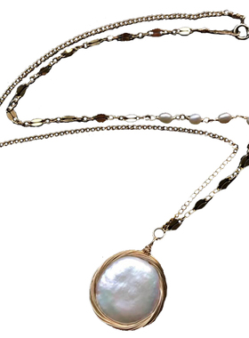 手工绕线纽扣天然珍珠吊坠项链