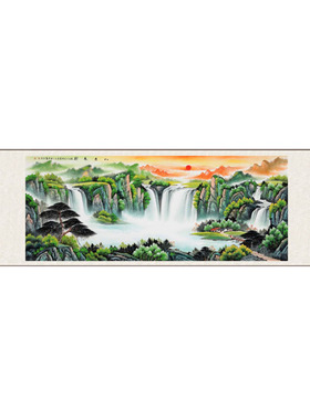 水墨茶楼丝绸旭日东升荷花卷轴画