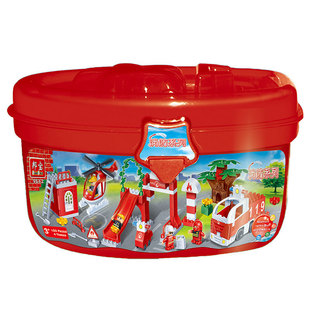 邦宝9607大颗粒桶装拼装积木3-5岁儿童消防滑梯警察局工程车礼物