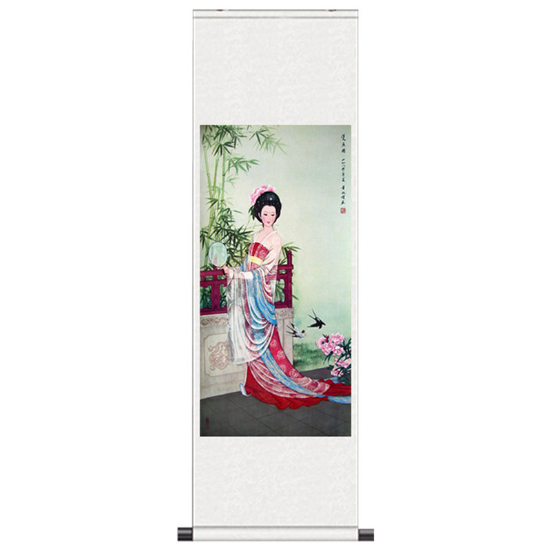 吉祥双燕图丝绸国画卷轴画贵妃仕女图翠竹壁画国画风韵仕女图定制