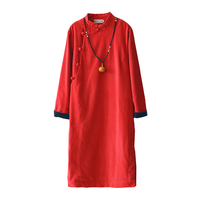 复古灯芯绒盘扣夹棉服女装连衣裙