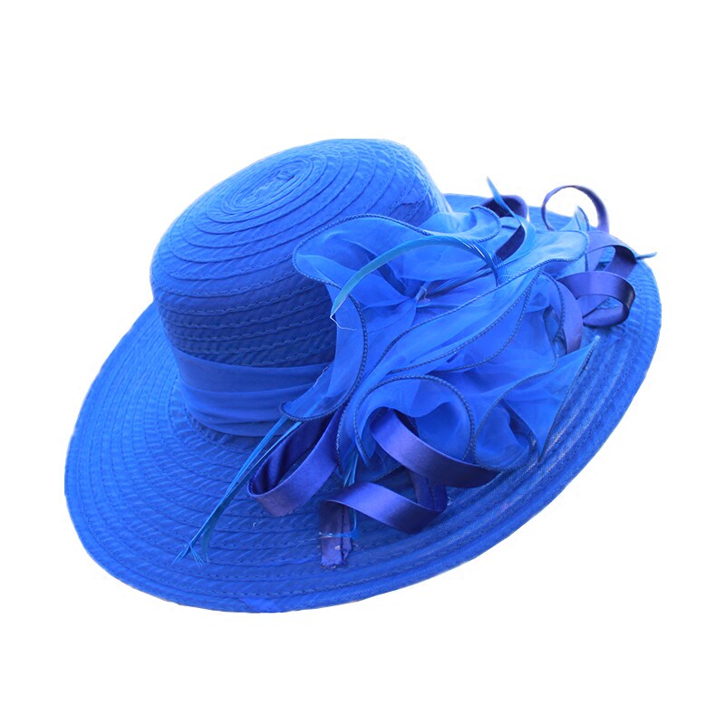 欧美手工花朵网纱帽名媛羽毛礼帽女夏季出游防晒大檐遮阳沙滩帽子