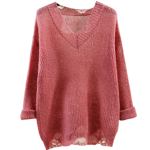 罩衫春秋新款韩版马海毛毛衣漏洞上衣v领镂空针织衫女宽松薄款