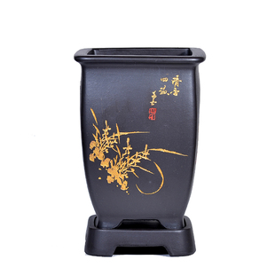 宜兴紫砂花盆高四方签筒手工兰花盆景盆栽花卉植物悬崖盆陶瓷花盆