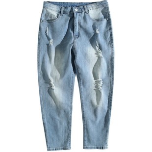 大胆破烂摩登非主流ulzzang牛仔男裤街头嘻哈欧美做旧九分裤锥形