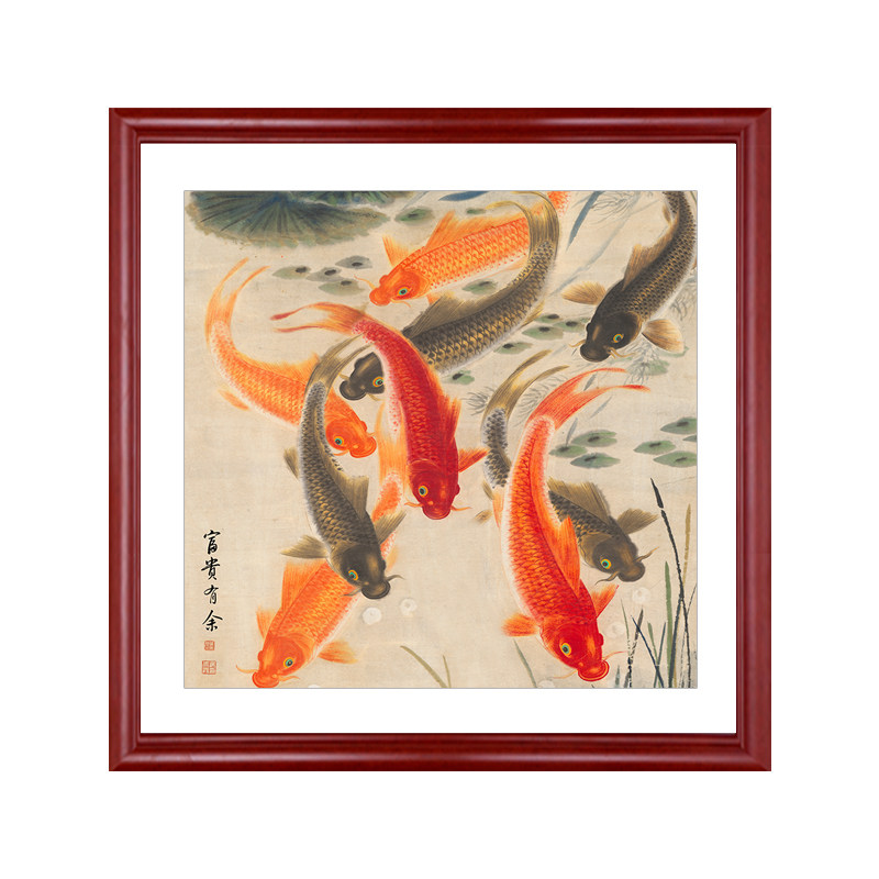 九条鲤鱼挂画九鱼图餐厅装饰画客厅锦鲤国画招财风水画方形壁画