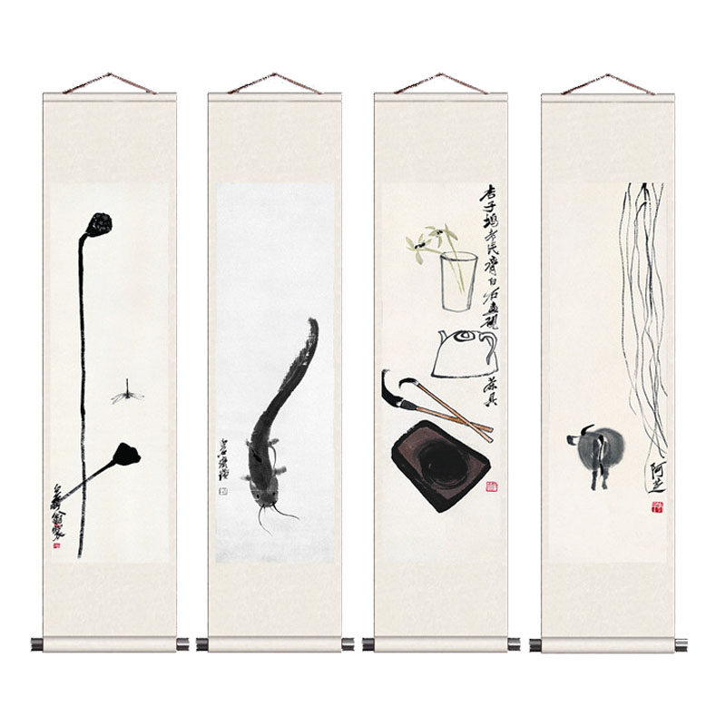 齐白石花鸟画丝绸画挂画壁画中式四条屏简雅卷轴画茶楼禅意莲蓬花