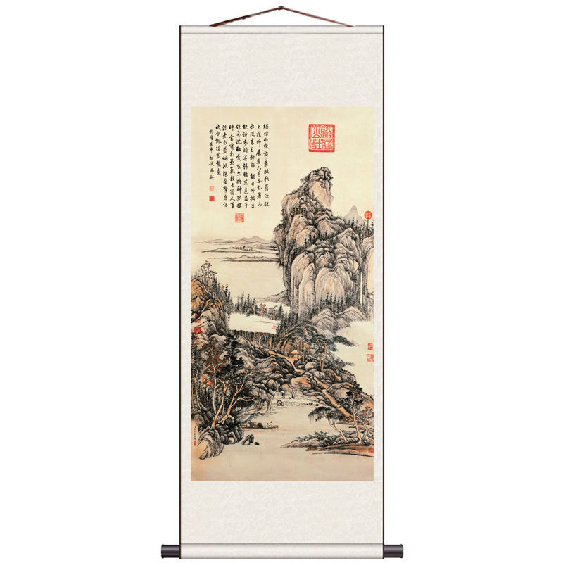 杏花春雨江山山水画水墨画名家字画中式仿古挂画石涛云山图卷轴画