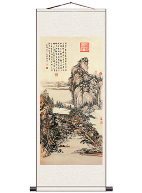 杏花春雨江山山水画水墨画名家字画中式仿古挂画石涛云山图卷轴画