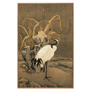 吕纪蕉岩鹤立图仙鹤丹顶鹤挂画新中式玄关装饰画走廊过道竖版壁画