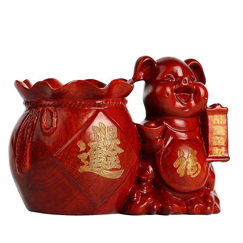 红木笔筒书房桌面招财猪工艺品