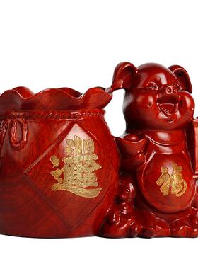 红木笔筒书房桌面招财猪工艺品