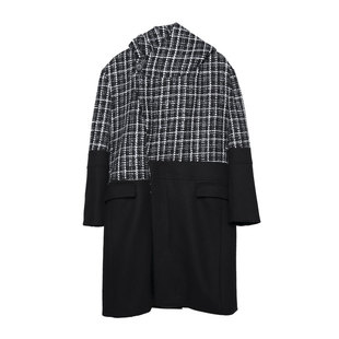 原创冬装英伦风撞色拼接格子毛呢大衣男士中长款连帽呢子外套男潮