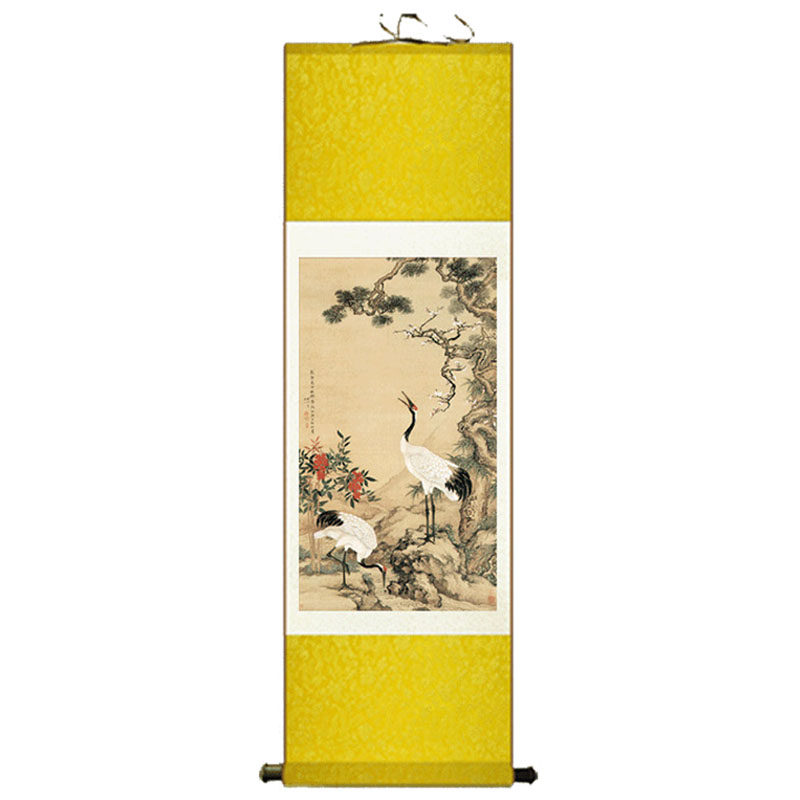 丝绸画卷轴画礼品画松鹤图礼品画贺寿图定制老人房挂画风水画礼品