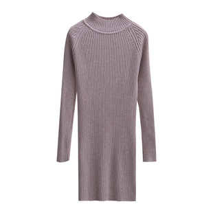 女士毛衣中长款新款毛衫秋冬修身显瘦针织衫半高领包臀裙子打底衫