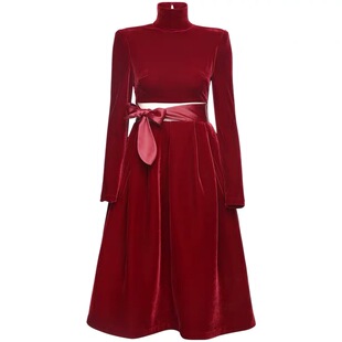 高定秋装女2019新款宴会晚礼服气质红色中长款长袖高领丝绒连衣裙