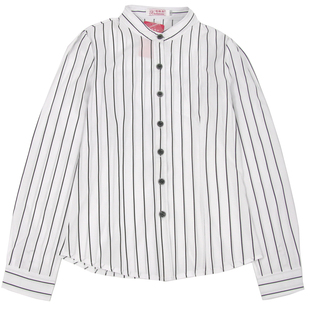 2024秋装新款韩版女装黑白竖条纹修身大码上衣长袖雪纺衬衫女衬衣