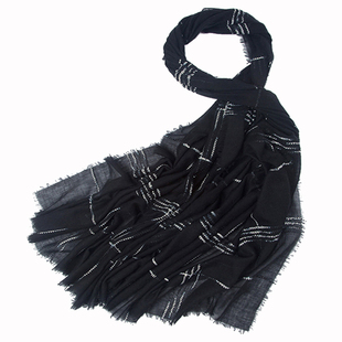 百搭高端超大薄款围巾100%山羊绒披肩女秋冬300支戒指绒格子黑色