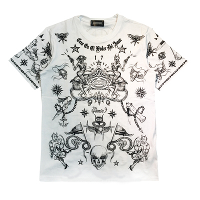 23包邮欧美抽象骷髅头印花霸气黑白色情侣短袖T恤宽松特殊男女装
