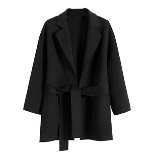 2022女短款毛呢外套小个子双面羊绒大衣韩版宽松西装领腰带浴袍款
