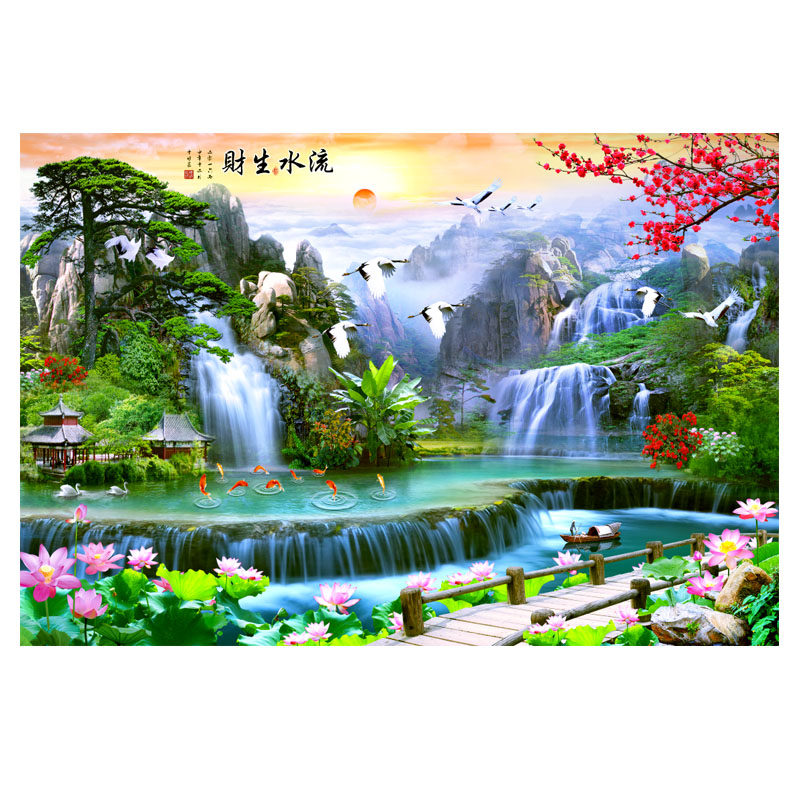 中式客厅风景8D电视背景墙壁纸迎客松山水墙画布流水生财墙布壁画