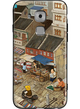 适用华为小镇集市插画通用手机壳