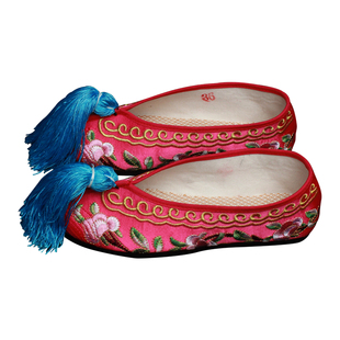 戏曲用品花旦平底绣花彩鞋京剧青衣小姐高档缎面牡丹平底绣花鞋子