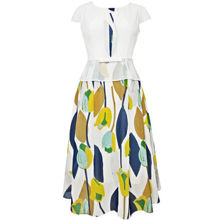 黛薇璐印花撞色小个子连衣裙女假2件套春夏新款气质高腰大摆裙媤