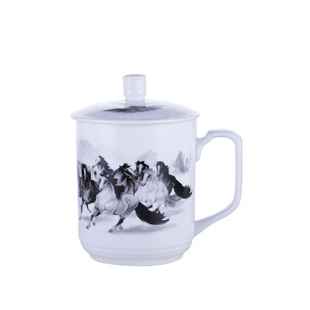 景德镇陶瓷茶杯大容量会议杯带盖骨瓷青花瓷水杯办公杯礼品杯定制