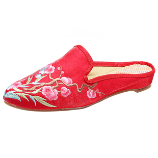 夏季包头拖鞋汉服鞋子老北京绣花拖鞋坡跟中国风凉鞋民族风布拖鞋