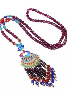 石榴石毛衣链项链搭配景泰蓝凤凰银饰紫牙乌石榴石毛衣项链挂绳