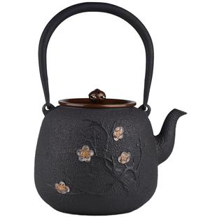 日本铁壶 原装进口纯手工龟寿堂金银腊梅铸铁壶 菊池记一作铁茶壶