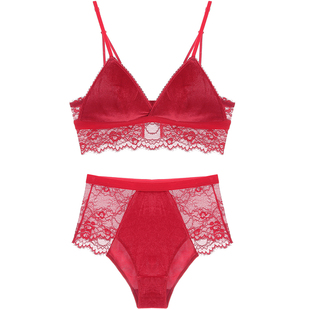 女人的秘密女性感舒适蕾丝边高腰文胸罩套装丝绒内衣欧美法式红色