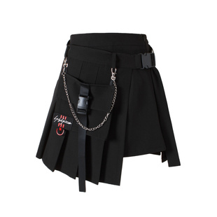 大码百褶裙短裙口袋工装半身裙女黑暗系胖mm松紧腰不规则格子裙裤