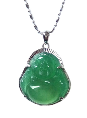 绿玉髓佛公吊坠银项链弥勒佛笑佛