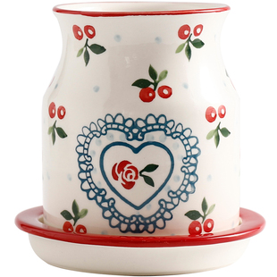 熊谷组日式手绘樱桃陶瓷筷子筒筷笼筷子架沥水家用厨房铲勺收纳筒