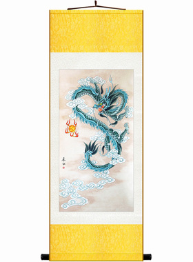 双龙戏珠装饰画 青龙金龙黄龙祥龙镇宅挂画 玄关客厅装饰画卷轴画