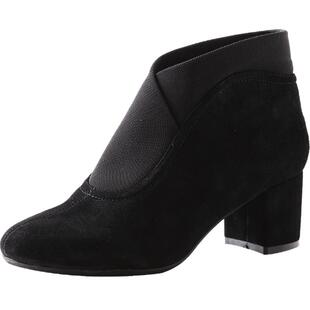 VDVC法式小众羊皮5cm粗跟真皮奶奶鞋弹力短靴女靴子踝靴CHIC单靴