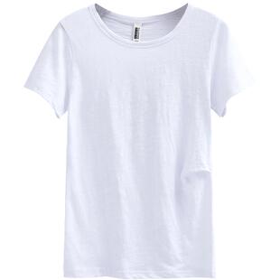 大码春夏韩版宽松短袖圆领纯白纯色简约白色T恤休闲女装竹节棉